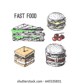 Fast food. Types of snacks. Vector set of sketch objects