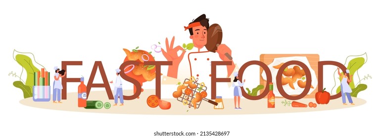 Fastfood-typografische Header. Hühnerflügel kochen zu Hause mit Butter und Pfeffer. Der hausgemachte, scharfe Aperitif mit knuspriger Kruste. Ungesunder Fleischschnack. Flache Vektorgrafik