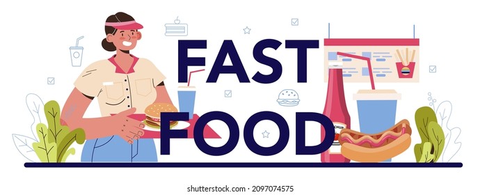 Fast food typographic header. Hamburger, shawarma, hot dogs. Fast food catering worker preparing tasty junk food. Food delivery service. Flat illustration