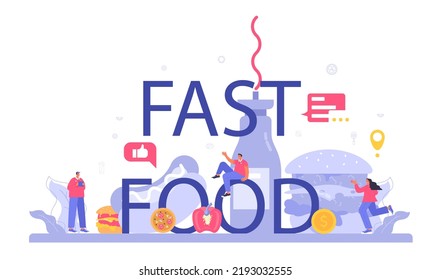 Fast food typographic header. Hamburger, shawarma, hot dogs and pizza restaurant. Fast food worker preparing tasty junk food. Food delivery service. Flat illustration