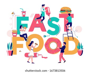 Fast food typography banner template, vector flat illustration. Restaurant chefs cooking and people eating snack food such as hamburger, donut, french fries.