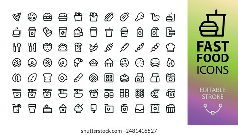 Fast Food UI icons for app and web project. Set of fast food combo, pizza slice, burger, hot dog, drinks, baking, taco, barbecue, shawarma, breakfast, asian food box, noodles, sushi vector icon set