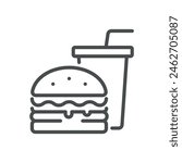 Fast Food Unhealthy Diet Icon. Vector Linear Illustration of Burger and Soda, Representing Poor Dietary Choices and Health Risks. Isolated Outline Sign.