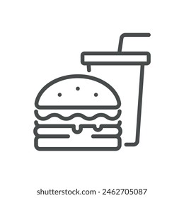 Fast Food ungesunde Diät-Symbol. Vektorgrafik Linear Illustration von Burger und Soda, die schlechte Ernährung und Gesundheitsrisiken repräsentieren. Isoliertes Umrisszeichen.