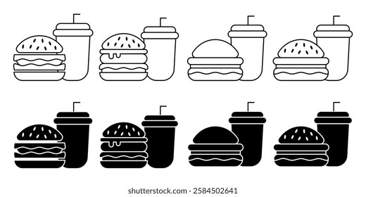 Fast Food Unhealthy Diet Icon Set. Vector Linear Illustration of Burger and Soda. Fast Food Unhealthy Diet in Line Style Design. Burger and Soda Symbol.