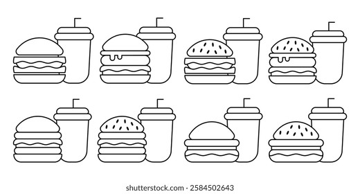 Fast Food Unhealthy Diet Icon Set. Vector Linear Illustration of Burger and Soda. Fast Food Unhealthy Diet in Line Style Design. Burger and Soda Symbol.