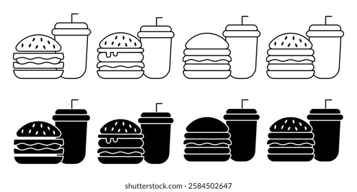 Fast Food Unhealthy Diet Icon Set. Vector Linear Illustration of Burger and Soda. Fast Food Unhealthy Diet in Line Style Design. Burger and Soda Symbol.