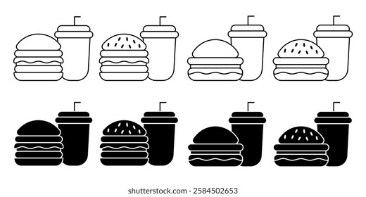Fast Food Unhealthy Diet Icon Set. Vector Linear Illustration of Burger and Soda. Fast Food Unhealthy Diet in Line Style Design. Burger and Soda Symbol.