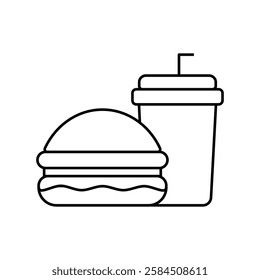 Fast Food Unhealthy Diet Icon. Vector Linear Illustration of Burger and Soda. Fast Food Unhealthy Diet in Line Style Design. Burger and Soda Symbol.