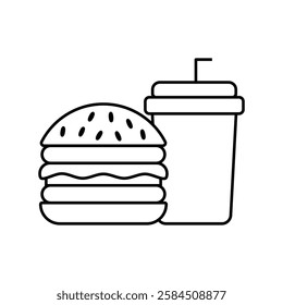 Fast Food Unhealthy Diet Icon. Vector Linear Illustration of Burger and Soda. Fast Food Unhealthy Diet in Line Style Design. Burger and Soda Symbol.