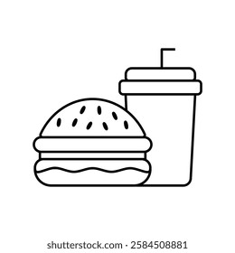 Fast Food Unhealthy Diet Icon. Vector Linear Illustration of Burger and Soda. Fast Food Unhealthy Diet in Line Style Design. Burger and Soda Symbol.