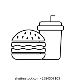 Fast Food Unhealthy Diet Icon. Vector Linear Illustration of Burger and Soda. Fast Food Unhealthy Diet in Line Style Design. Burger and Soda Symbol.