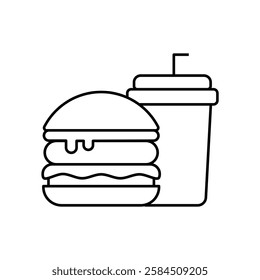 Fast Food Unhealthy Diet Icon. Vector Linear Illustration of Burger and Soda. Fast Food Unhealthy Diet in Line Style Design. Burger and Soda Symbol.