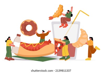 Fast food, unhealthy junk meal concept. Vector flat illustration of people holding big donat, pizza, croissant, hot dog, shrimp and glass with cola. Fastfood restaurant background