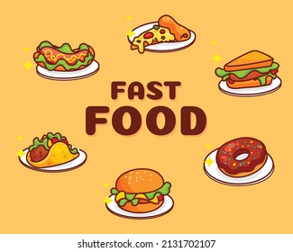 Fast food unhealthy pizza sandwich cute cartoon hand draw vector art illustration 