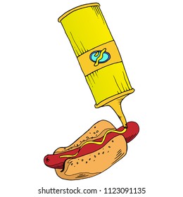 Fast food. Unhealthy food. Vector illustration of a set of fast food. Hand drawn hot dog and mustard.