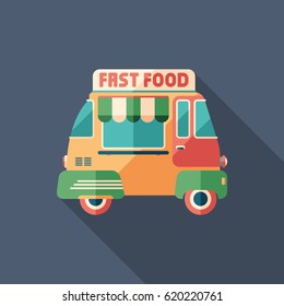 Fast food van flat square icon with long shadows.