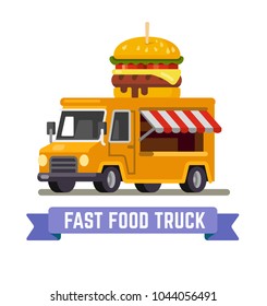 Fast food van. Shop truck icon with tasty hamburger. Vector