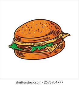 Fast food vector art illustration, pizza, hamburger, isolated on white background.