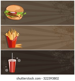 fast food vector banner with burger,fries and cola