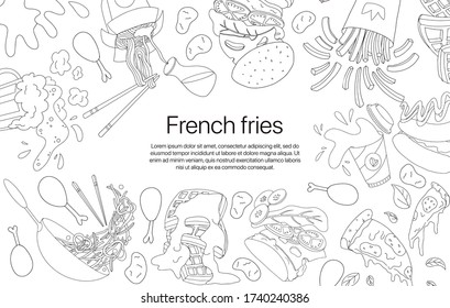 Fast food vector cartoon card concept with text space. Nuggets, fried chicken, french fries, cola, and pizza illustration