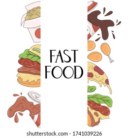 Fast food vector cartoon card concept with hand drawn lettering. Nuggets, fried chicken, french fries, wok, cola, coffee, beer, pizza, taco, hot dog, ketchup, and mustard illustration.