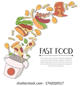 Fast food vector cartoon card concept with hand drawn lettering. Nuggets, fried chicken, french fries, wok, cola, coffee, beer, pizza, taco, hot dog, ketchup, and mustard illustration.
