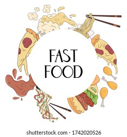 Fast food vector cartoon card concept with hand drawn lettering. Nuggets, fried chicken, french fries, wok, cola, coffee, beer, pizza, taco, hot dog, ketchup, and mustard illustration.