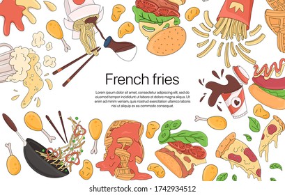 Fast food vector cartoon card concept with text space. Nuggets, fried chicken, french fries, cola, and pizza illustration