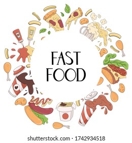 Fast food vector cartoon card concept with hand drawn lettering. Nuggets, fried chicken, french fries, wok, cola, coffee, beer, pizza, taco, hot dog, ketchup, and mustard illustration.