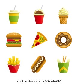 Fast food vector cartoon icon set. Fast food hamburger, cola, ice cream, pizza, donut, hot dog, noodles, french fries. Tasty unhealthy meal. Isolated dishes on white background.