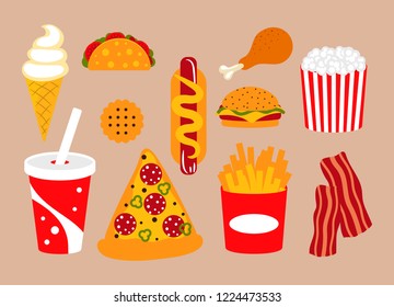 Fast food vector clip art set with pizza, soda and bacon.