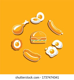 Fast food vector collection containing Boiled eggs, Fried egg, Egg nugget, Hamburger, Sausage, Hot dog, Fast food set