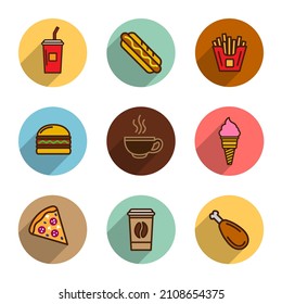 Fast food vector colorful flat design icons, pizza, hot dog, fries, hamburger, coffee. Template elements for mobile applications and web design.