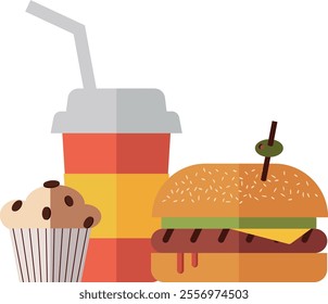 Fast food vector composition. Burger, muffin and soft drink in flat style. Simple shapes. Diner menu