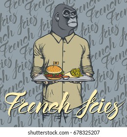 Fast food vector concept. Illustration of gorilla with burger and French fries 