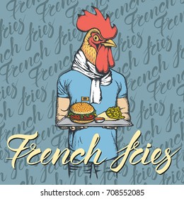 Fast food vector concept. Illustration of rooster with burger and French fries 