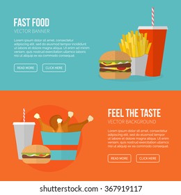 Fast Food Vector Concept. Lunch french fries, chicken, burger and soda. Flat design cheeseburger, hamburger and other restaurant menu elements. Vector poster of unhealthy fast food eating