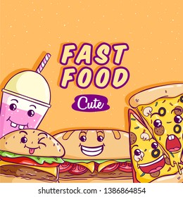 Fast food vector with cute or kawaii face on orange background