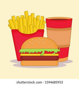 Сolorful fast food vector. Delicious hamburger, french fries and coffee.