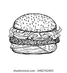 Comida rápida Vector doodle Imagen. Hamburguesa con carne y queso, tentempié poco saludable, estilo de vida no saludable. Deliciosa comida dibujada a mano.