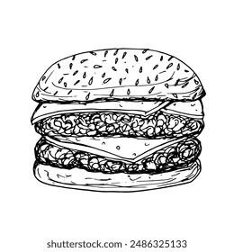 Fast Food Vektorgrafik Doodle Bild. Burger mit Doppelkotelett und Käse, ungesunder Snack, nicht gesunder Lebensstil. Leckeres Essen von Hand gezeichnet.