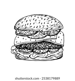 Fast food Vector doodle image. Burger with cutlet, tomato and cheese, unhealthy snack, not healthy lifestyle. Delicious food drawn by hand.