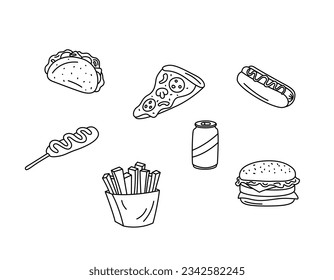 Fast food vector doodles set. Fastfood elements isolated black on white background. Hand drawn outline illustration of hot dog, fries, cheeseburger, taco, pizza. Canned carbonated drink and taco.