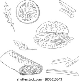 Fast food vector drawing. Pattern for placement on parchment and packaging.