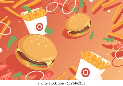 Fast food vector flat banner design. Cheeseburger or hamburger and French fries on a bright background. Delicious tasty fast food poster template for restaurant or cafe design.