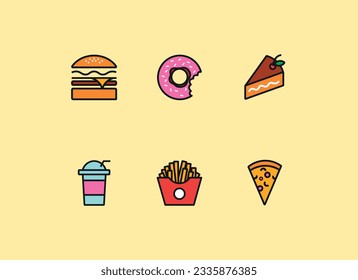 Fast Food Vector Flat Icon Set. Simple Symbol Design with Burger, Donut, Cherry Cake, Drink, French Fries and Pizza for Web, Cafe or Restaurant Menu, Flyer, App, Banner, Poster, Logo.