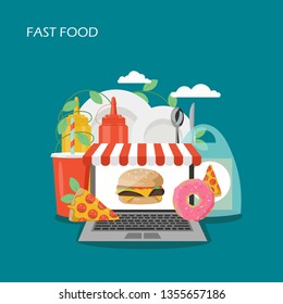 Fast food vector flat style design illustration. Laptop with awning, cheeseburger, pizza, donut, ketchup and mustard bottles, cola, tableware. Fast food online concept for web banner, website page etc