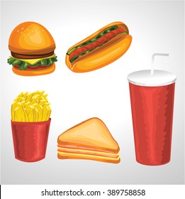 Fast Food vector graphic burger,Hot dog, Fires potatoes,Sandwiches,Soft drink.