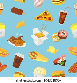 Fast food vector hamburger or cheeseburger with chicken wings and eating junk fastfood snacks burger or sandwich with soda drink icecream or donut illustration isolated seamless pattern background